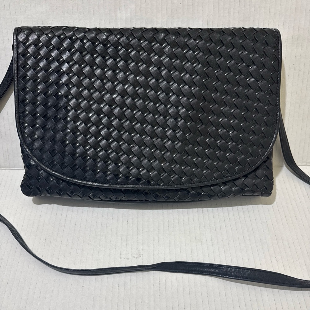 Vintage Genuine Leather Woven Black Crossbody Purse Removable Strap For Clutch